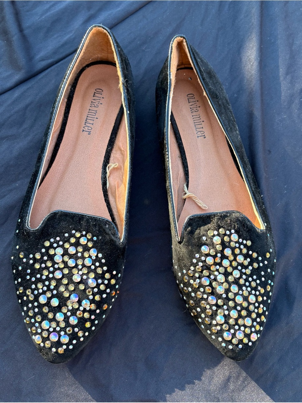 Olivia Miller Black Velvet Flats with Iridescent Crystal Accents
